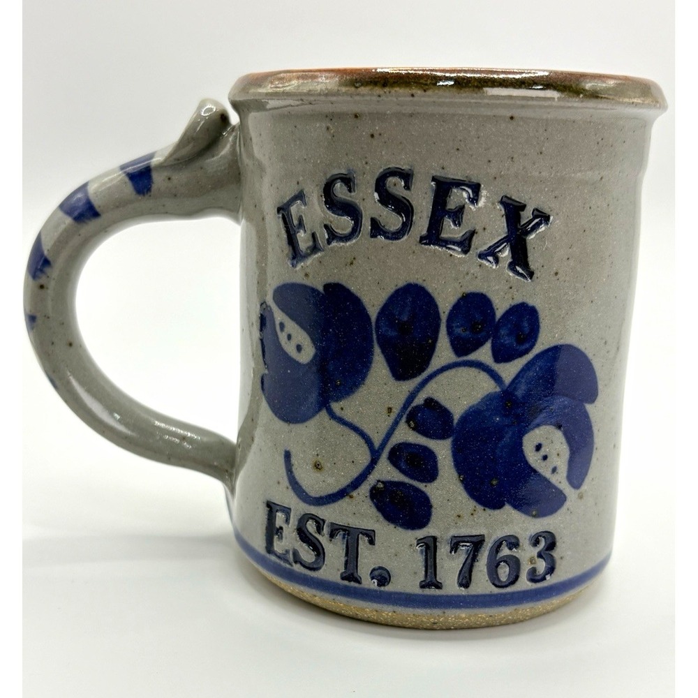 Handmade Essex Est. 1763 Gray/Blue Floral Stoneware Mug 12 oz Signed Art Pottery